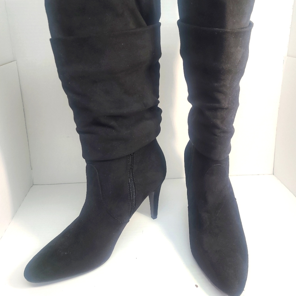 Ladies Keri Pointed Zip Knee Boots 41.5 / 10.5 Black Suede Heels Shoes Boots